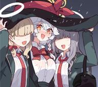 artist:ideolo character:eri_(blue_archive) character:wild_hunt_mob_(blue_archive) flushed_face halo in-series_category:occult_research_society in-series_category:wild_hunt_academy_of_arts orange_eyes series:blue_archive wet_shirt white_hair witch_hat // 997x882 // 127KB