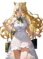 alternate_outfit animal_ears artist:SaMA blonde_hair cat_ears cat_girl character:swire_(arknights) dress ear_piercings eye_liner flushed_face green_eyes in-series_category:feline in-series_category:lungmen lipstick long_hair pov series:arknights // 3267x4500 // 974KB