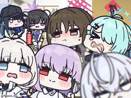alternate_outfit artist:sanmon blue_eyes blue_hair brown_eyes brown_hair character:atsuko_(blue_archive) character:azusa_(blue_archive) character:hiyori_(blue_archive) character:maia_(blue_archive) character:misaki_(blue_archive) character:saori_(blue_archive) character:subaru_(blue_archive) chibi flushed_face green_hair hair_bun hair_covering_eye halo in-series_category:arius_satellite_school in-series_category:arius_squad in-series_category:make-up_work_club in-series_category:nicomedia_troop in-series_category:trinity_general_school long_hair midriff purple_eyes purple_hair qipao red_eyes series:blue_archive short_hair side_ponytail two-tone_hair white_hair // 1280x960 // 1.0MB
