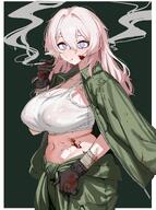artist:plentyofempty cigarette long_hair meta:character_request midriff nipples_visible_through_clothing pink_hair purple_eyes // 2163x2911 // 580KB