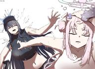 artist:kai_xin blue_hair character:mika_(blue_archive) character:saori_(blue_archive) hair_accessories hair_bun halo in-series_category:arius_satellite_school in-series_category:arius_squad in-series_category:tea_party in-series_category:trinity_general_school long_hair meme midriff pink_hair series:blue_archive two-tone_hair // 3157x2299 // 668KB