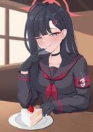 artist:woodhxx black_hair body_wings character:ichika_(blue_archive) feathered_wings flushed_face grey_eyes halo in-series_category:justice_task_force in-series_category:trinity_general_school series:blue_archive // 848x1199 // 92KB