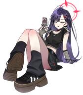 alternate_outfit artist:h2b black_hair body_wings character:ichika_(blue_archive) closed_eyes feathered_wings gyaru hair_accessories halo in-series_category:justice_task_force in-series_category:trinity_general_school long_hair midriff series:blue_archive tube_socks // 1670x1914 // 224KB