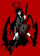 artist:jepy black_hair body_wings character:tsurugi_(blue_archive) feathered_wings halo in-series_category:justice_task_force in-series_category:trinity_general_school long_hair messy_hair red_eyes series:blue_archive // 1451x2048 // 240KB