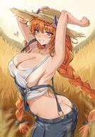 armpit artist:fangs character:bagpipe_(arknights) character:bagpipe_(echo_of_bagpipes)_(arknights) dragon_girl dragon_horns dress flushed_face horns in-series_category:victoria in-series_category:vouivre long_hair orange_hair overalls purple_eyes series:arknights sun_hat tan_lines twin_braids // 1400x2000 // 280KB