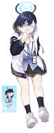 artist:hoffun_2 blue_hair character:chihiro_(blue_archive) glasses green_eyes hair_accessories halo in-series_category:millenium_science_school in-series_category:veritas mechanical_halo series:blue_archive short_hair sweater // 1617x3910 // 1.5MB