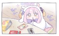 artist:ekoru body_wings character:mika_(blue_archive) feathered_wings halo in-series_category:tea_party in-series_category:trinity_general_school japanese_text pink_hair pocky series:blue_archive yellow_eyes // 649x397 // 235KB