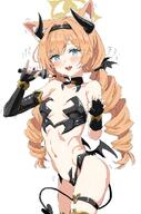 alternate_outfit animal_ears artist:clearite blue_eyes body_wings cat_ears cat_girl character:mari_(blue_archive) demon_horns demon_wings flushed_face halo horns idol_outfit in-series_category:sisterhood in-series_category:trinity_general_school orange_hair series:blue_archive succubus tail twin_drills // 728x1102 // 131KB