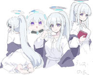 artist:nyaru character:noa_(blue_archive) character:noa_(pajama)_(blue_archive) chibi halo in-series_category:millenium_science_school in-series_category:seminar japanese_text long_hair mechanical_halo pajamas ponytail purple_eyes series:blue_archive white_hair // 669x541 // 228KB
