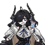 artist:grape baby_play black_hair blue_eyes character:qalai&scaron;a_(arknights) flushed_face hair_covering_eye in-series_category:kazdel in-series_category:sami in-series_category:sarkaz long_hair pointed_ears series:arknights // 855x852 // 110KB
