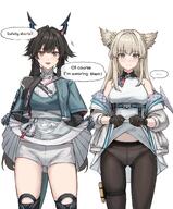 artist:daisy_cutter bird_girl black_hair blonde_hair blue_eyes brown_eyes character:ch'en_qianyu character:perlica dragon_girl dragon_horns english_text flushed_face head_wings horns in-series_category:liberi in-series_category:lung long_hair series:arknights series:arknights:_endfield skirt_lift spats twin_tails // 3390x4096 // 1.0MB