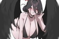 artist:mimyo beauty_mark black_hair body_wings character:hasumi_(blue_archive) character:hasumi_(swimsuit)_(blue_archive) feathered_wings flushed_face hair_bun hair_down_the_middle halo in-series_category:justice_task_force in-series_category:trinity_general_school pov red_eyes series:blue_archive swimsuit // 3767x2500 // 521KB