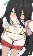 animal_ears artist:kumiyabe black_hair character:manhattan_cafe flushed_face golden_bikini horse_ears horse_girl horse_tail long_hair micro_bikini pov pulling_down_pants series:uma_musume:_pretty_derby sports_wear sweaty tail yellow_eyes // 2039x3400 // 1.8MB