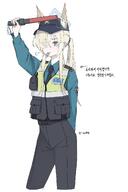 alternate_outfit animal_ears artist:o-ame blonde_hair blue_eyes character:kanna_(blue_archive) dog_ears dog_girl hair_covering_eye halo in-series_category:public_peace_bureau in-series_category:valkyrie_police_school korean_text long_hair pants ponytail series:blue_archive sharp_teeth // 1368x2048 // 155KB