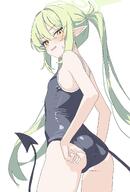 alternate_outfit artist:kamitosayu character:nozomi_(blue_archive) ears_blushing flushed_face green_hair halo in-series_category:central_control_center in-series_category:highlander_railroad_academy pointed_ears series:blue_archive swimsuit twin_tails yellow_eyes // 1385x2048 // 207KB