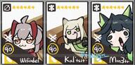 animal_ears artist:whitydragon black_hair cat_ears cat_girl character:kal'tsit_(arknights) character:mon3tr_(arknights) character:w_(arknights) character:wis'adel_(arknights) chibi english_text green_eyes green_hair in-series_category:babel in-series_category:feline in-series_category:kazdel in-series_category:rhodes_island in-series_category:sarkaz meme orange_eyes series:arknights short_hair white_hair // 900x429 // 880KB