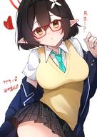 artist:ventvert0 black_hair brown_eyes character:ayane_(blue_archive) elf glasses hair_accessories halo in-series_category:abydos_high_school in-series_category:foreclosure_task_force japanese_text pointed_ears series:blue_archive short_hair sweater // 1032x1457 // 172KB