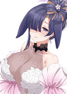 animal_ears artist:rynn character:tsukuyo_(blue_archive) character:tsukuyo_(dress)_(blue_archive) dress flushed_face hair_accessories hair_bun hair_covering_eye halo in-series_category:allied_hyakkiyako_academy in-series_category:ninjutsu_research_club purple_hair rabbit_ears rabbit_girl series:blue_archive // 2480x3508 // 2.0MB