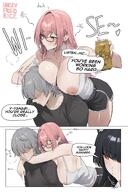 alternate_outfit animal_ears artist:unrulyfriedrice black_hair character:hoshimi_miyabi_(zenless_zone_zero) character:tsukushiro_yanagi_(zenless_zone_zero) character:wise_(zenless_zone_zero) comic dolphin_shorts english_text flushed_face fox_ears fox_girl glasses in-series_category:hollow_special_operations_section_6 inverted_nipples long_hair nipple_slip pajamas pink_eyes pink_hair puffy_nipples red_eyes series:zenless_zone_zero // 1600x2400 // 447KB
