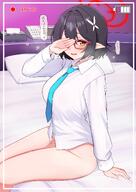 artist:hururu_game black_hair brown_eyes camera_pov character:ayane_(blue_archive) elf flushed_face glasses hair_accessories hair_braid halo hand_over_eyes in-series_category:abydos_high_school in-series_category:foreclosure_task_force japanese_text pointed_ears series:blue_archive shirt_only short_hair steaming_body sweaty // 2831x3999 // 6.8MB