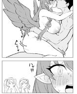 ahoge arms_around_neck artist:mukae_gou body_wings caught_in_the_act character:hanako_(blue_archive) character:mine_(blue_archive) character:serina_(blue_archive) comic feathered_wings flushed_face french_kiss halo in-series_category:make-up_work_club in-series_category:remedial_knights in-series_category:trinity_general_school japanese_text kiss large_areolae long_hair meta:cropped meta:work-in-progress monochrome nurse pointed_ears series:blue_archive side_ponytail twin_braids twin_tails upright_straddle // 742x905 // 217KB