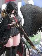 artist:DAGAM beauty_mark black_hair blue_hair body_wings character:ako_(blue_archive) character:hasumi_(blue_archive) english_text feathered_wings hair_down_the_middle halo in-series_category:gehenna_academy in-series_category:justice_task_force in-series_category:prefect_team in-series_category:trinity_general_school long_hair midriff series:blue_archive skirt_lift // 3000x4000 // 11MB