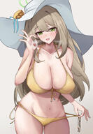 artist:lastmatch blonde_hair character:nonomi_(blue_archive) character:nonomi_(swimsuit)_(blue_archive) flushed_face green_eyes halo in-series_category:abydos_high_school in-series_category:foreclosure_task_force long_hair pov series:blue_archive steaming_body sun_hat swimsuit teasing // 3704x5334 // 10MB