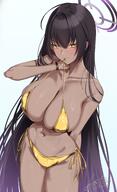 artist:esto_0079 brown_skin character:karin_(blue_archive) flushed_face golden_bikini halo in-series_category:cleaning_&_clearing in-series_category:millenium_science_school long_hair purple_hair series:blue_archive teasing yellow_eyes // 1152x1883 // 224KB
