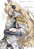 animal_ears artist:rapisu blonde_hair character:nearl_(arknights) character:nearl_the_radiant_knight_(arknights) headphones horse_ears horse_girl in-series_category:kazimierz in-series_category:kuranta japanese_text long_hair ponytail series:arknights steaming_body sweaty yellow_eyes // 1408x2048 // 468KB