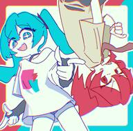 alternate_outfit artist:ojibi blue_eyes blue_hair casual_clothes character:hatsune_miku character:kasane_teto long_hair red_eyes red_hair series:utau series:vocaloid short_hair short_shorts twin_drills twin_tails // 4096x4050 // 1.3MB