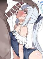 artist:rong_hui character:miyako_(blue_archive) character:miyako_(swimsuit)_(blue_archive) flushed_face hair_bow halo in-series_category:rabbit_squad in-series_category:SRT_special_academy long_hair penis_over_face ponytail purple_eyes series:blue_archive steaming_body swimsuit white_hair // 1401x1920 // 276KB