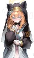 animal_ears artist:u_usaka blue_eyes cat_ears cat_girl character:mari_(blue_archive) flushed_face hair_accessories halo in-series_category:sisterhood in-series_category:trinity_general_school long_hair nun orange_hair series:blue_archive skirt_lift // 1191x2048 // 239KB