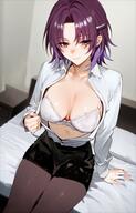 alternate_outfit artist:ei character:asakura_toru ear_piercings flushed_face hair_accessories lingerie office_lady peek pov purple_eyes purple_hair series:idolmaster series:idolmaster_shiny_colors short_hair teasing two-tone_hair // 1200x1866 // 2.1MB