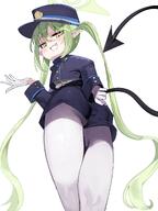 artist:abe-napori character:nozomi_(blue_archive) green_hair halo in-series_category:central_control_center in-series_category:highlander_railroad_academy long_hair pointed_ears pov series:blue_archive shadow_over_eyes tail teasing twin_tails yellow_eyes // 1536x2048 // 267KB