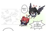 artist:SYK beauty_mark black_hair body_wings character:hasumi_(blue_archive) character:hasumi_(track)_(blue_archive) character:maki_(blue_archive) chibi feathered_wings hair_down_the_middle halo in-series_category:justice_task_force in-series_category:millenium_science_school in-series_category:trinity_general_school in-series_category:veritas korean_text meta:cropped ponytail red_eyes red_hair series:blue_archive sports_wear // 1194x815 // 96KB