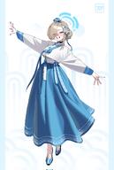 alternate_outfit artist:anyak05 beauty_mark blonde_hair blue_eyes character:asuna_(blue_archive) flushed_face hair_bun hair_covering_eye halo hanbok in-series_category:cleaning_&_clearing in-series_category:millenium_science_school series:blue_archive // 1380x2048 // 214KB