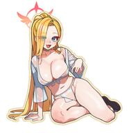 alternate_outfit artist:rehu blonde_hair blue_eyes character:pina_(blue_archive) eye_liner gyaru halo in-series_category:allied_hyakkiyako_academy in-series_category:festival_operations_department long_hair ponytail series:blue_archive wet_shirt // 2000x2000 // 269KB
