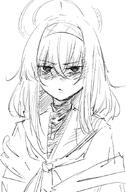 artist:hoffun_2 character:ui_(blue_archive) halo in-series_category:library_committee in-series_category:trinity_general_school long_hair monochrome series:blue_archive shadow_over_eyes sweater // 573x873 // 113KB