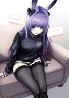 animal_ears artist:piro_nishiki black_eyes character:rope_(arknights) flushed_face hair_bow in-series_category:cautus in-series_category:lungmen japanese_text long_hair purple_hair rabbit_ears rabbit_girl series:arknights // 2367x3353 // 474KB