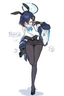 alternate_outfit artist:ryo_skrdi blue_hair bunny_suit character:chihiro_(blue_archive) english_text flushed_face glasses green_eyes hair_accessories halo in-series_category:millenium_science_school in-series_category:veritas leotard mechanical_halo rabbit_ears series:blue_archive short_hair // 2729x4093 // 394KB