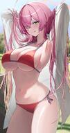 ahoge armpit artist:nyo_nyong character:hanako_(blue_archive) character:hanako_(swimsuit)_(blue_archive) flushed_face green_eyes halo in-series_category:make-up_work_club in-series_category:trinity_general_school long_hair pink_hair series:blue_archive shirt_only swimsuit teasing // 1680x3200 // 4.4MB