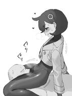 artist:tooyama bodysuit brown_skin character:emma_(pokemon) cunnilingus face_sitting female_on_top flushed_face hair_accessories japanese_text monochrome series:pokemon short_hair steaming_body // 1459x1955 // 162KB