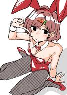 alternate_outfit artist:pikepicell beauty_mark black_eyes brown_hair bunny_suit character:higuchi_madoka_(idolmaster_shiny_colors) fishnet_leggings flushed_face hair_accessories leotard rabbit_ears series:idolmaster series:idolmaster_shiny_colors short_hair // 1226x1738 // 125KB