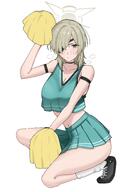 alternate_outfit artist:nagomu brown_hair character:suou_(blue_archive) cheerleader eyepatch flushed_face green_eyes hair_covering_eye in-series_category:highlander_railroad_academy in-series_category:saint_nephthys_group midriff series:blue_archive steaming_body tube_socks // 1640x2360 // 1.2MB