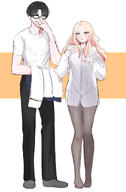 alternate_outfit artist:kasasagi blonde_hair blue_eyes character:juou_sena_(gakuen_idolmaster) character:producer_(idolmaster) flushed_face long_hair series:gakuen_idolmaster series:idolmaster shirt_only // 1255x1920 // 339KB