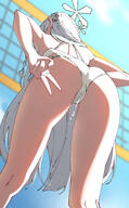 artist:area69 character:nagusa_(blue_archive) character:nagusa_(swimsuit)_(blue_archive) ears_blushing hair_accessories hair_braid halo in-series_category:allied_hyakkiyako_academy in-series_category:hyakkaryouran_conflict_resolution_council long_hair pov series:blue_archive squirting swimsuit v white_hair // 1484x2385 // 1.6MB