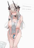 artist:uof character:mudrock_(arknights) demon_horns ears_blushing english_text flushed_face hair_accessories horns in-series_category:gargoyle in-series_category:sarkaz japanese_text long_hair masturbation naked_apron series:arknights sex_toy sweaty white_hair // 1414x2000 // 261KB