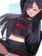artist:abe-napori black_hair body_wings character:ichika_(blue_archive) closed_eyes feathered_wings hair_accessories halo in-series_category:justice_task_force in-series_category:trinity_general_school long_hair midriff series:blue_archive // 1536x2048 // 283KB