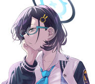 artist:hoffun_2 blue_hair character:chihiro_(blue_archive) ear_piercings glasses green_eyes hair_accessories halo in-series_category:millenium_science_school in-series_category:veritas mechanical_halo series:blue_archive short_hair sweater // 1778x1587 // 1.1MB
