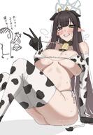 artist:nagomu bovine_horns brown_hair character:doodle_sensei_(blue_archive) character:misuzu_(blue_archive) character:sensei_(blue_archive) cow_ears cow_print elf eye_bags flushed_face halo horns in-series_category:correctional_bureau in-series_category:valkyrie_police_school japanese_text lingerie long_hair nipples_visible_through_clothing pointed_ears puffy_nipples series:blue_archive steaming_body sweaty tail v yellow_eyes // 1640x2360 // 1.5MB